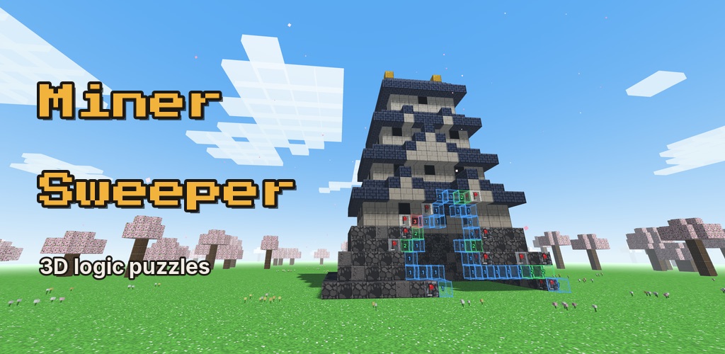 Miner Sweeper title beside a blocky Japanese castle with dug blocks showing numbers and red flags